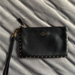 Coach Black Pebbled Leather Wristlet with Gold Studs